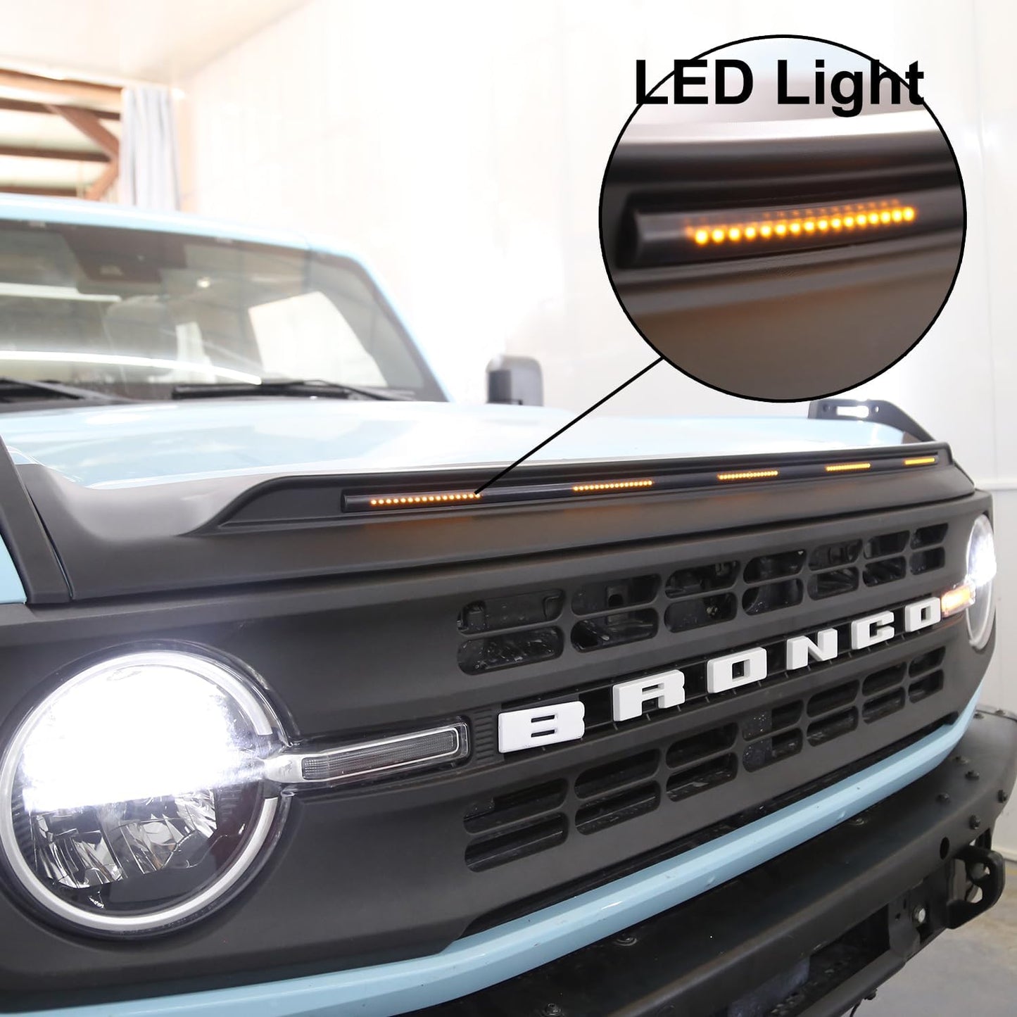 Bug Shield Hood Deflector with Light for Ford Bronco 2021-2024 2/4 Door Amber Light Bug Deflector Hood Protector