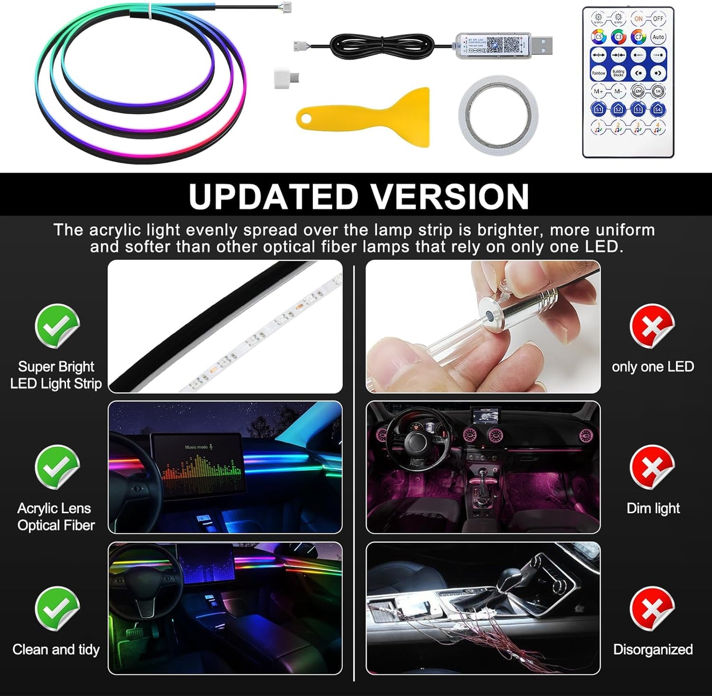 Dreamcolor Acrylic Interior Car LED Strip Light with USB/Type C, 47.24 inches Fiber Optic Ambient Lighting Kits, 16 Million Colors Sound Active Function