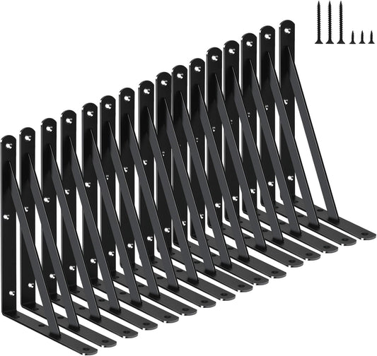 16 Pack L8 x H 6" Black Heavy Duty Shelf Brackets with Screws Metal Shelf Brackets Shelf Support Angle Brackets for Shelves L Brackets Heavy Duty Floating Shelf