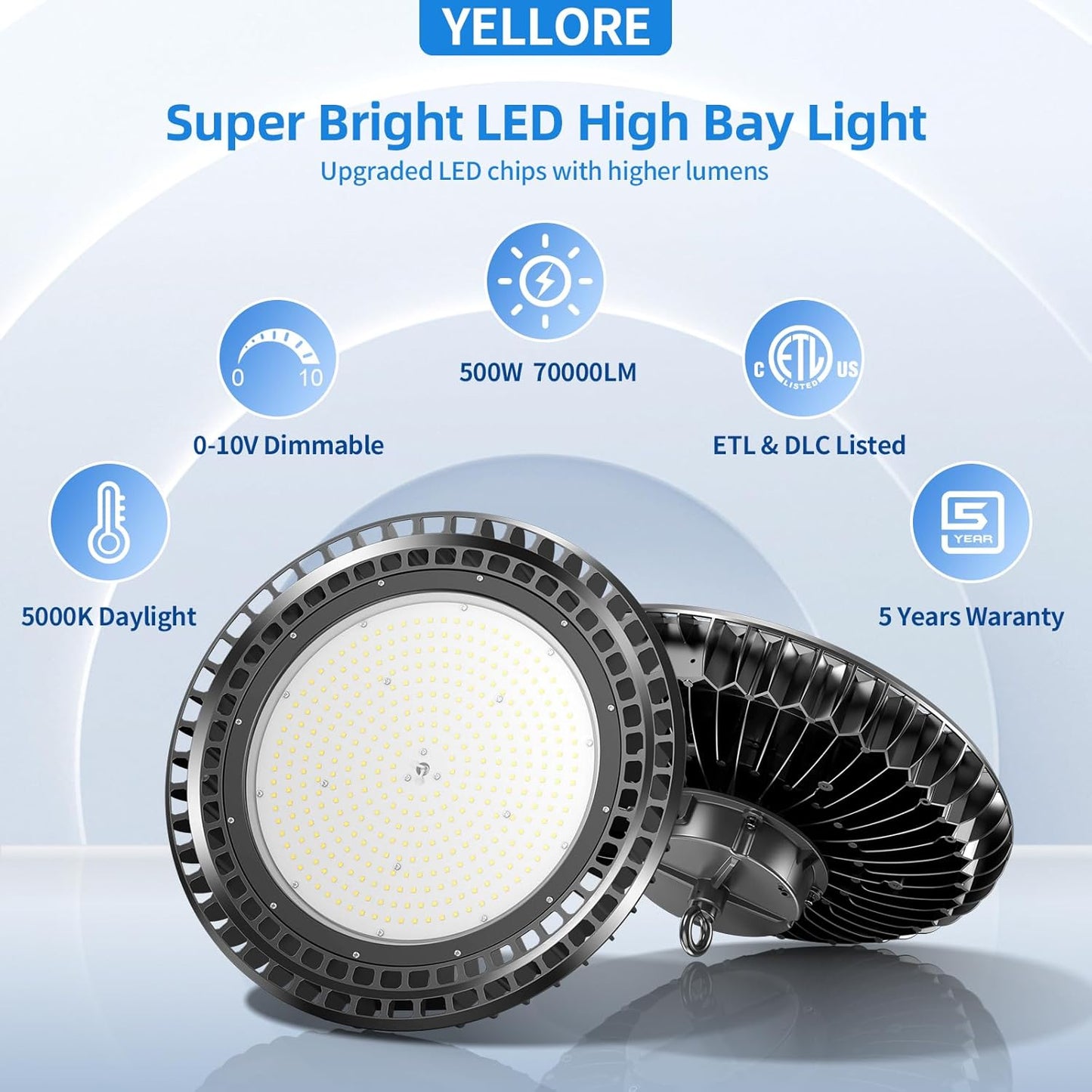 6 Pack 500W LED High Bay Light 72,500LM DLC ETL Listed Industrial Grade UFO Light Dimmable IP65 Waterproof 5000K Commercial Bay Lighting for Warehouse Garage Factory 110V 120V