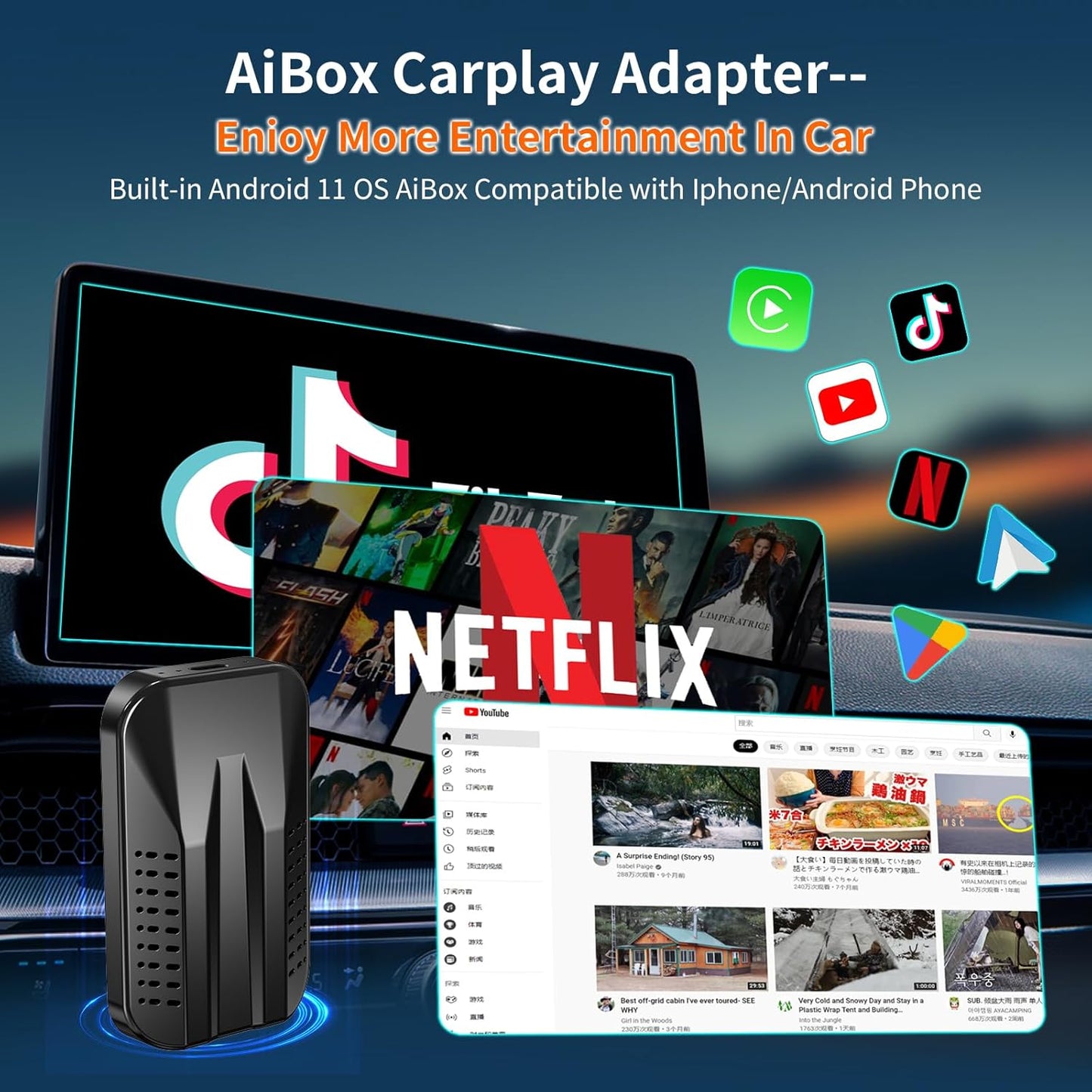 Wireless Carplay & Android Auto Adapter, 2025 Upgrade Carplay Ai Box Support Netflix/YouTube/TikTok/TF Card,Plug&Play, Mirror Link, Easy Setup, for Cars Equipped with OEM Wired CarPlay