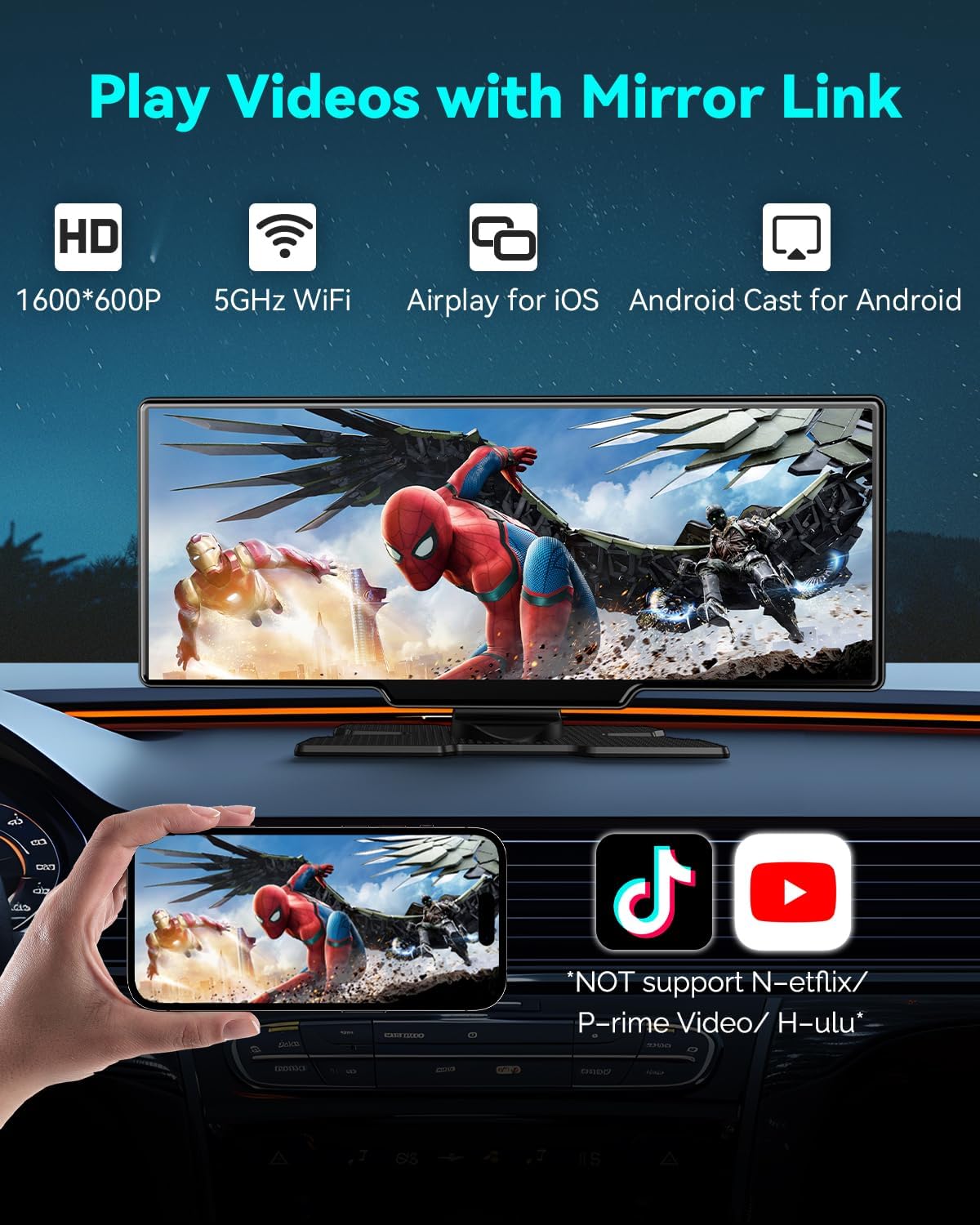 Wireless Carplay Screen for Car, 10.26" Android Auto Screen Compatible with A-pple Carplay, 4K Front & 1080P Rear Cameras Loop Recording, FM, AUX, BT, MirrorLink, Voice Control, Navigation for iOS 10+