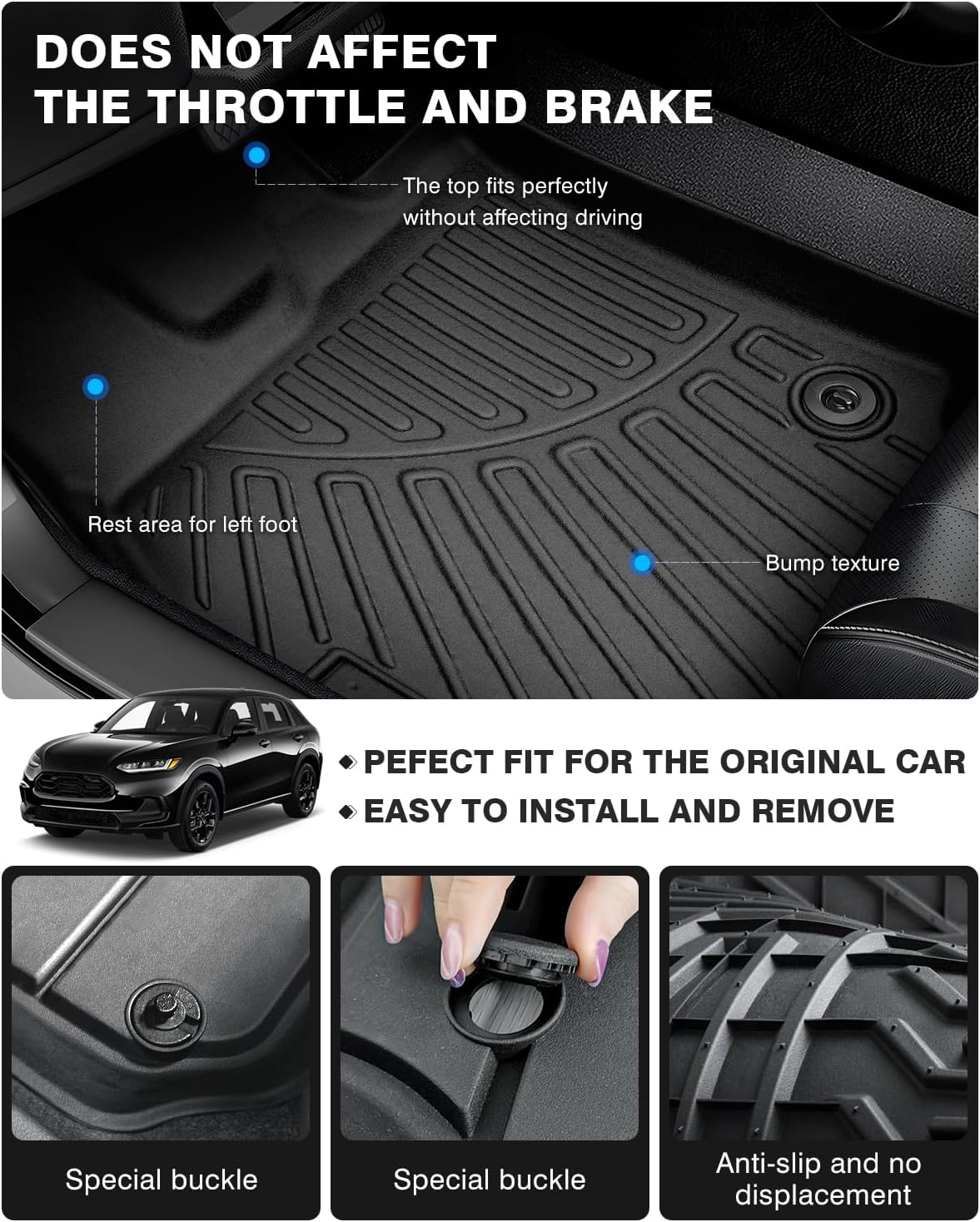 Powerty Floor Mats for 2023 2024 2025 Honda HR-V HRV Accessories All Weather Floor Liner 3D TPE 1st & 2nd Row Floor Mat Heavy-Duty Floor Liners