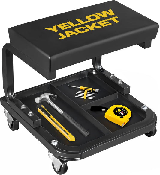 YELLOW JACKET Mechanic Rolling Stool 250 Lbs Capacity, Garage Stool on Wheels with Tool Tray Storage, Work Stools with Wheels for Garage, Shop, Mechanic Chair with Wheels, Auto Repair