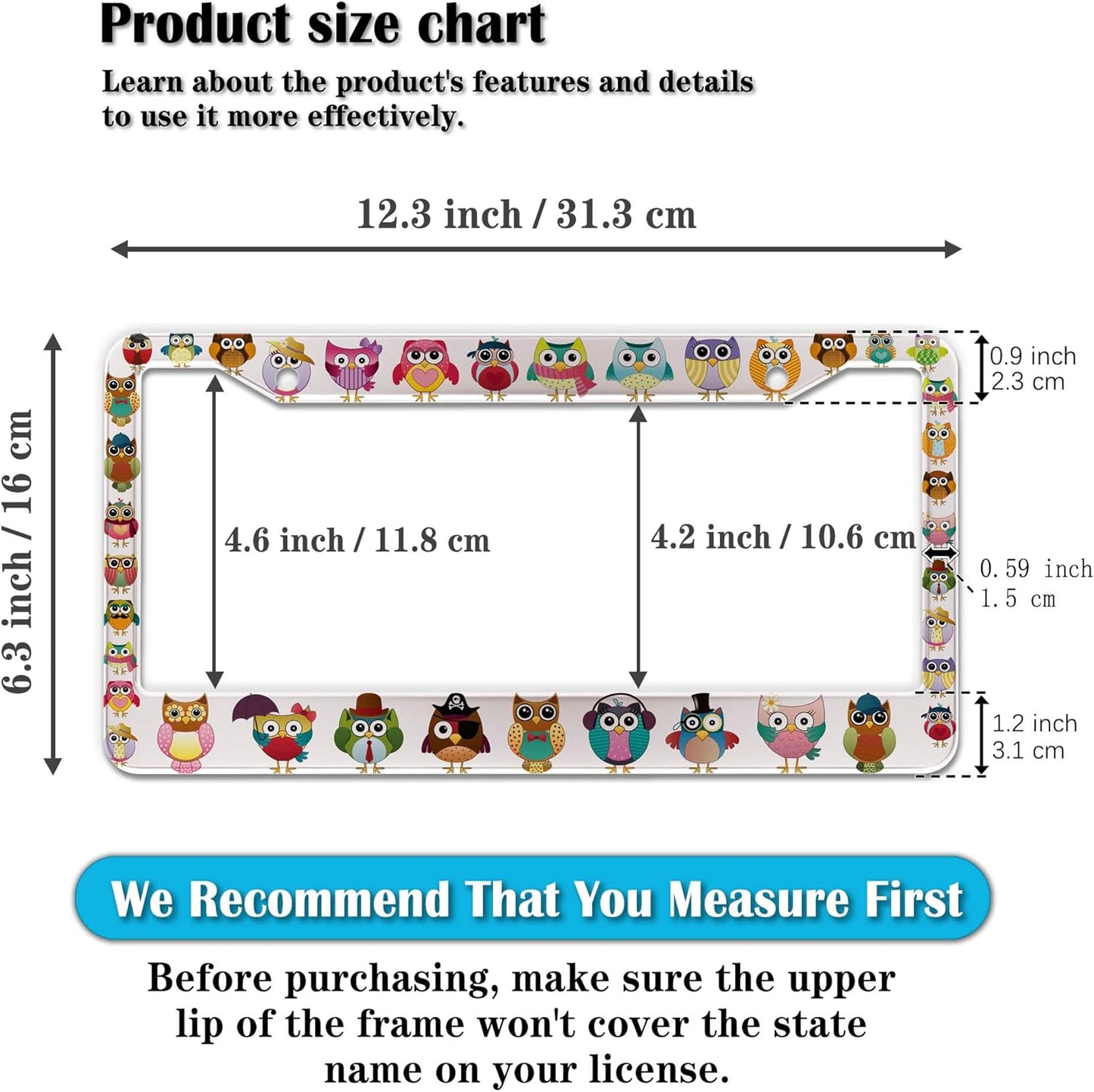 License Plate Frames for Women Multicolor License Plate Frame for Men Cute Owl Universal Aluminum Car Accessory 2 Pack with Screw Covers Set