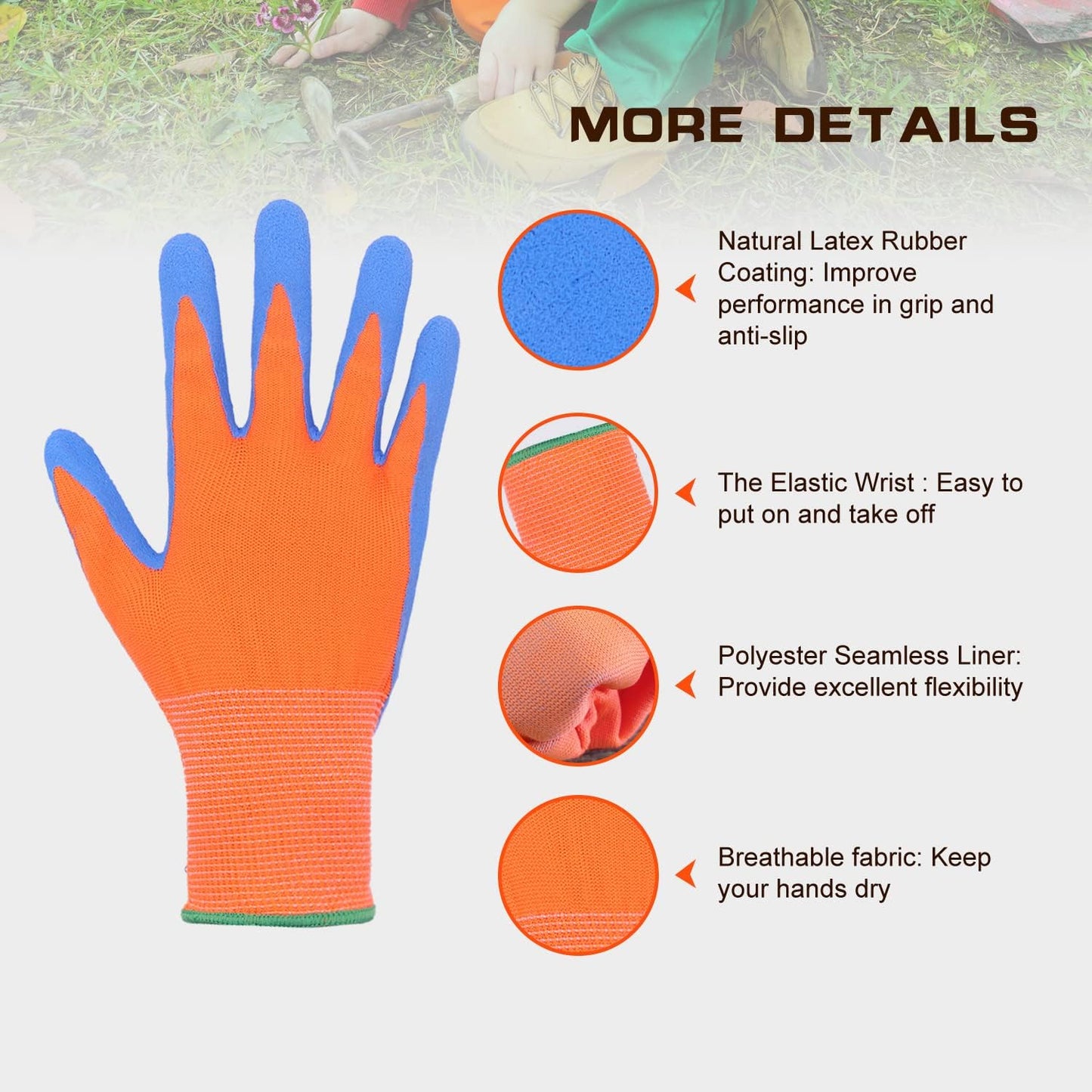 HANDLANDY 3 Pairs Kids Gardening Gloves Latex Free, Nitrile Coated Children Toddler Garden Yard Work Gloves for Little Girls Boys (Size S, Black-Orange)