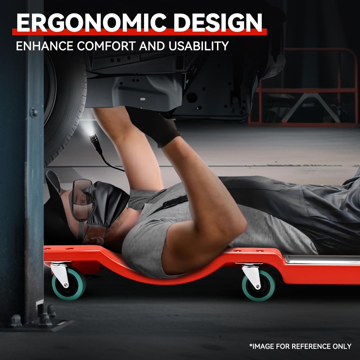 Auto Dynasty 40 Inches Mechanic Creeper, Automotive Garage Repair Low Profile Under Car Rolling Creeper with LED Light and Padded Headrest, Plastic, Red