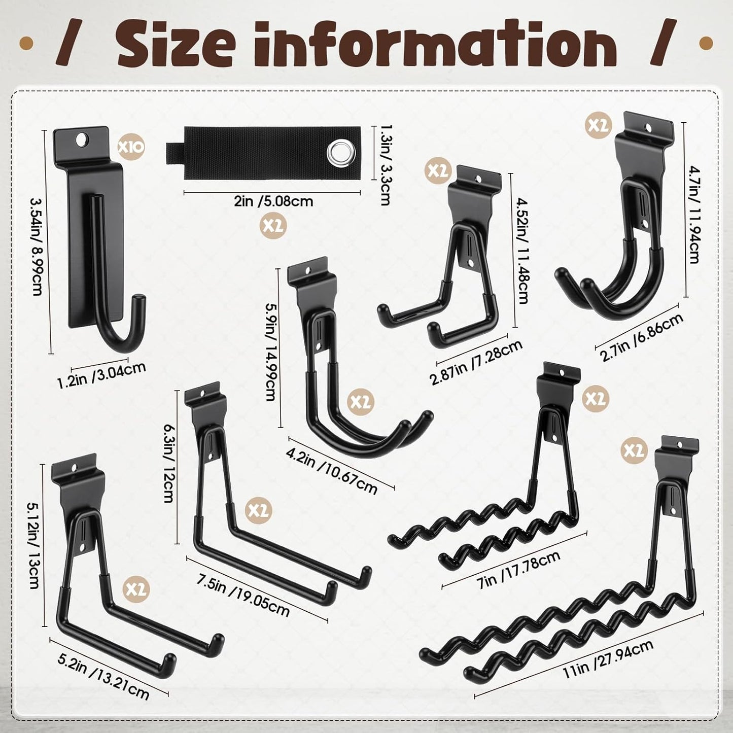 Landhoow 26 Pack Slatwall Accessories, 24 Pcs Multi Size Heavy Duty Slat Wall Hanging Hooks & Hangers with 2 Pcs Storage Straps for Storage Garage Wall Organization Garden Home Slatwall Paneling