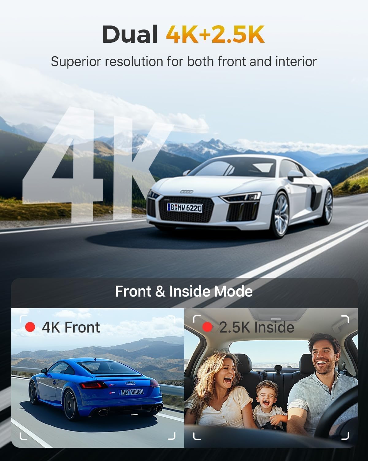 GKU 4K 3 Channel Dash Cam, 5.8GHz WiFi Built-in GPS, 4K+1080P+1080P Dash Cam Front and Rear Inside, 64GB Card Inserted, 24H Park Mode, Triple Car Camera 3 Inch Screen