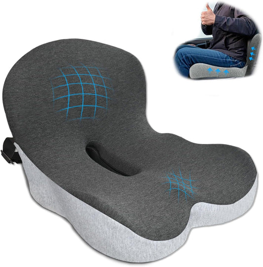 Memory Foam Seat Cushion,Office Chair Cushion with Lumbar Support for Back Pressure Relief, Car Seat Cushion with Adjustable Strap,Sciatica Pad Cushions for Car,Truck, Desk,Gaming Chair