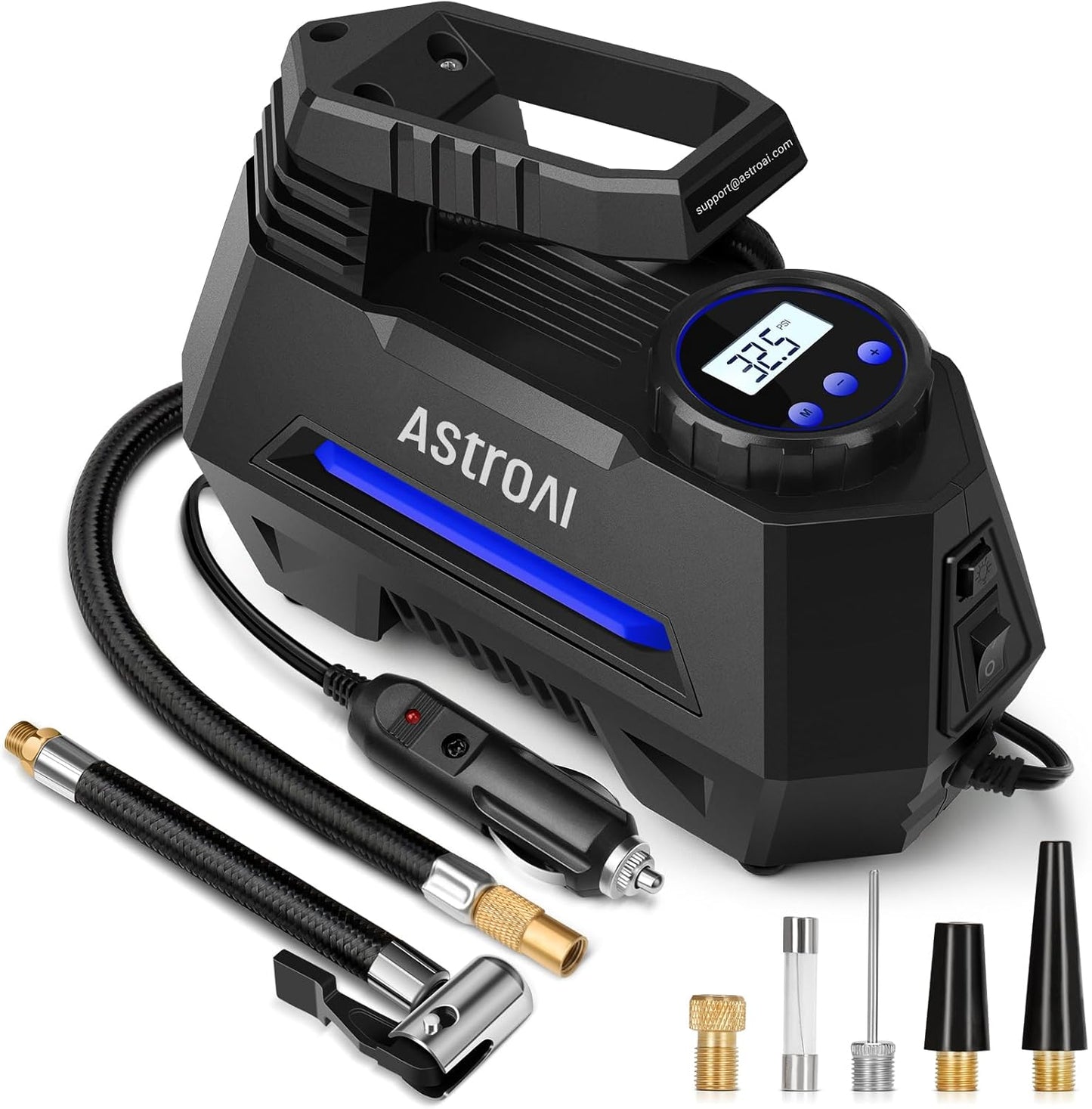 AstroAI Tire Inflator Portable Air Compressor Tire Air Pump for Car Tires - Car Accessories, 9.8Ft Cord-12V DC-Powered Auto Pump with Digital Pressure Gauge, LED Light for Bicycle, Balloons, Blue
