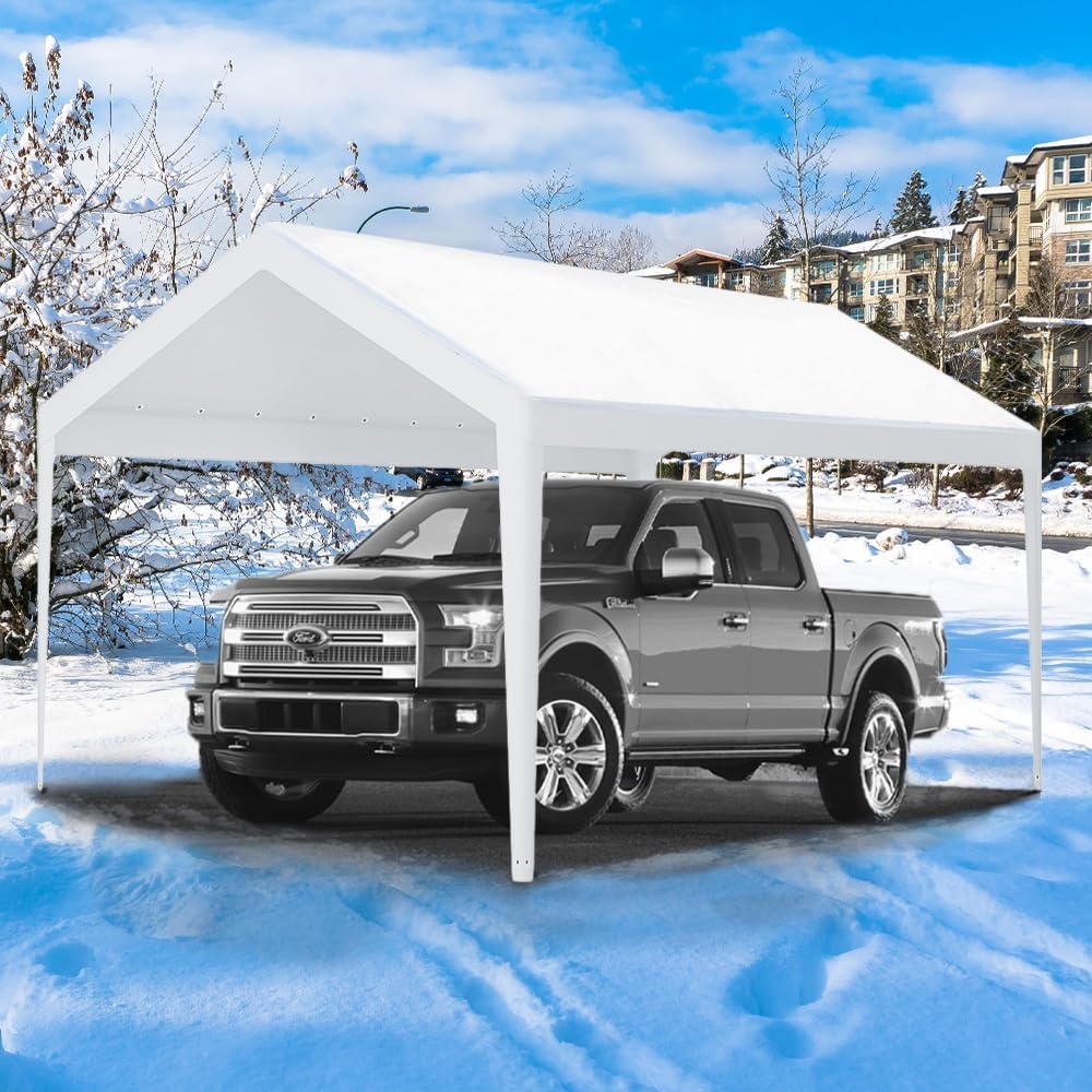 Rutile 12 x 20 FT Carport Replacement Cover, Heavy Duty Car Tarp Canopy Tent Garage Top Shelter Cover with Fabric Leg Pole Skirts and Ball Bungees White (Only Top Cover, Frame is not Included)