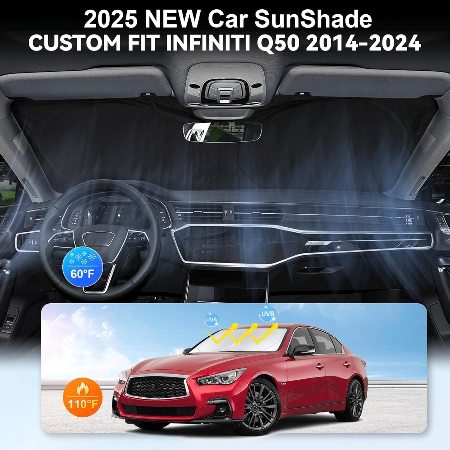 Custom Fit Infiniti Q50 Windshield Sunshade for 2014-2024 2025 Q50 for Infiniti Front Window Shades Cover for Windshield Sun Visor Protector 210T Reflector Blocks UV Rays Cooler Car Accessories