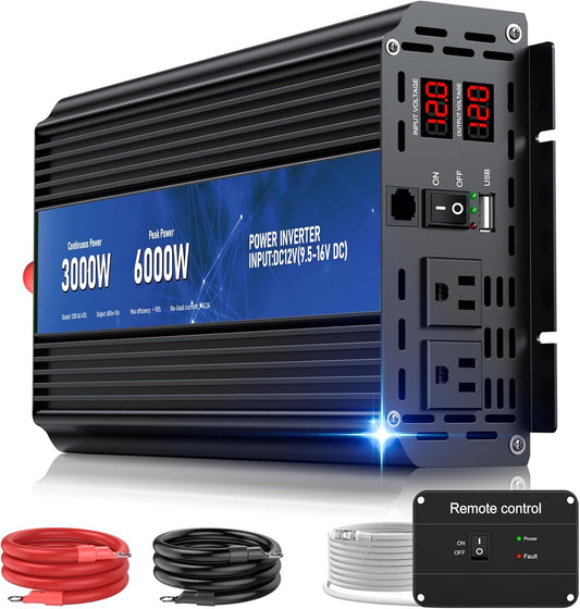 3000W Power Inverter,Peak Power 6000W 12V DC to AC 110V120V,Remote Control with 2AC Outlets and 2.4USB Port,LCD Display for Power Converter,Outdoor Activities,Emergency,Vehicles Truck RV Solar System