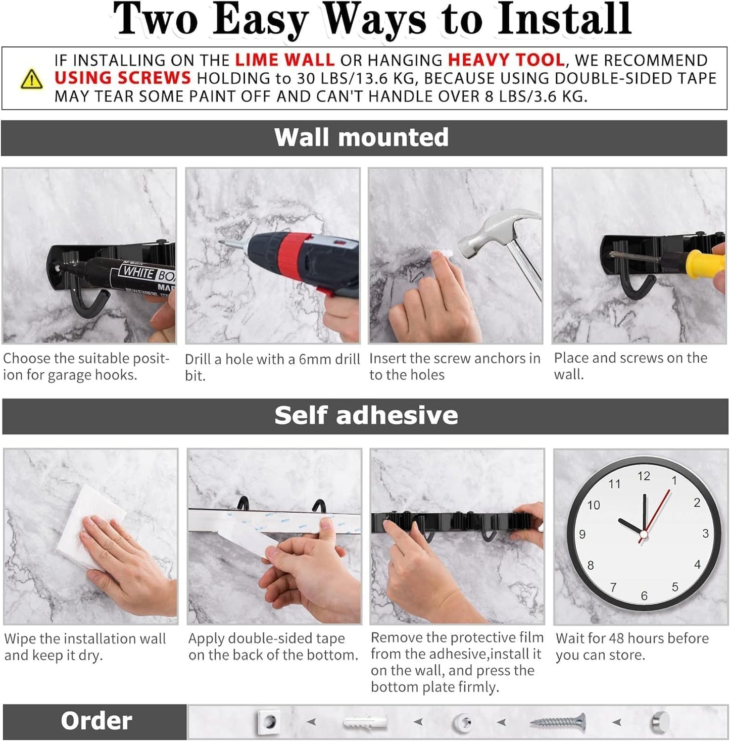 Black 5 Racks and 4 Hooks Mop and Broom Holder Wall Mount, Broom Organizer Storage Tool Racks Stainless Steel Heavy Duty Hooks Self Adhesive Solid Non-slip for Home Kitchen Garden Laundry Garage