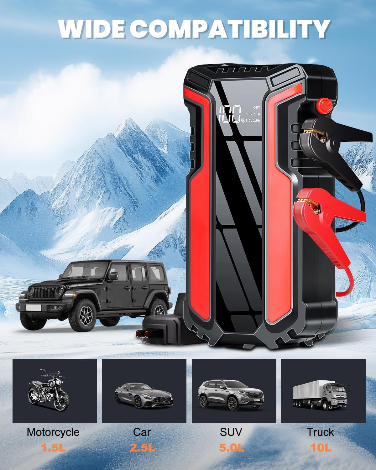 Car Jump Starter 3000A, Car Battery Jump Starter for Up to 10.0L Gas & 10.0L Diesel Engine, 12V Jump Box Portable Jump Starter Battery Pack with LED Light, Jumper Cables