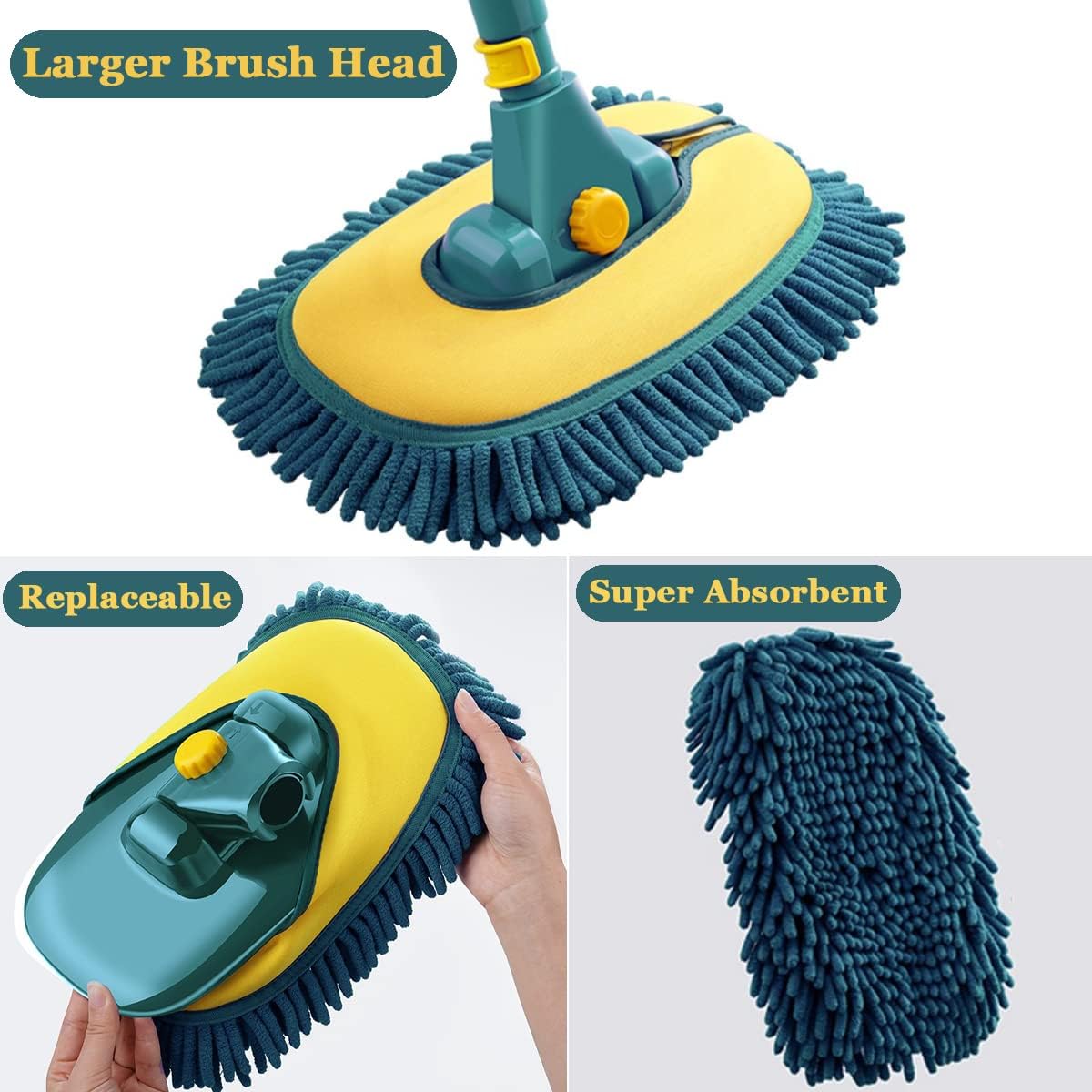 Car Wash Brush with Long Handle, Car Wash Mop Mitt with 2 Replacement Head , Extension Pole Car Brush Cleaning Kit for Cars Trucks