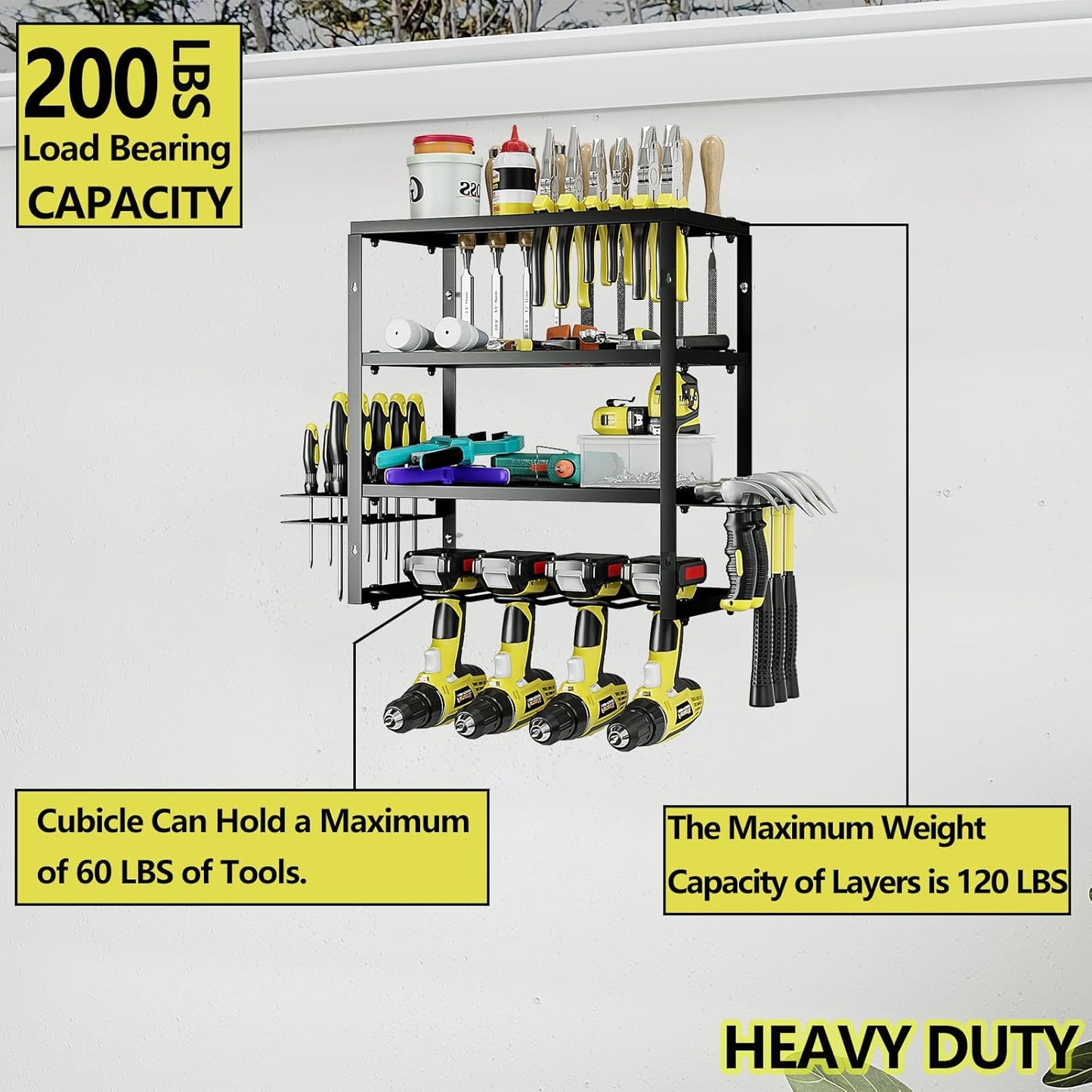 AZERPIAN Tool Organizer Heavy Duty Power Wall Mount for Drill and Cordless Tools Heavy Duty Rack for Garage Organization Workshop Pegboard (3 Layers 4 Slots)