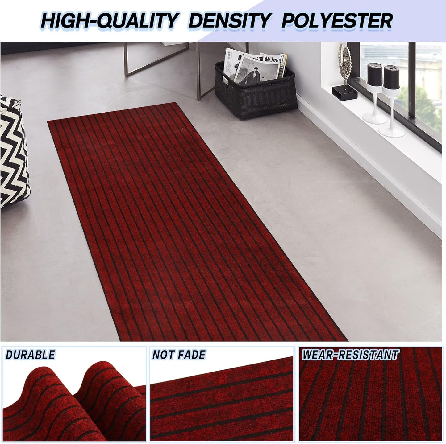 Custom Size Backed Non-Slip Area Rugs Runner, Easy Clean, Waterproof Runner Rugs for Hallway Entryway, Kitchen, Laundry, 4FT x 46FT, Red Stripe