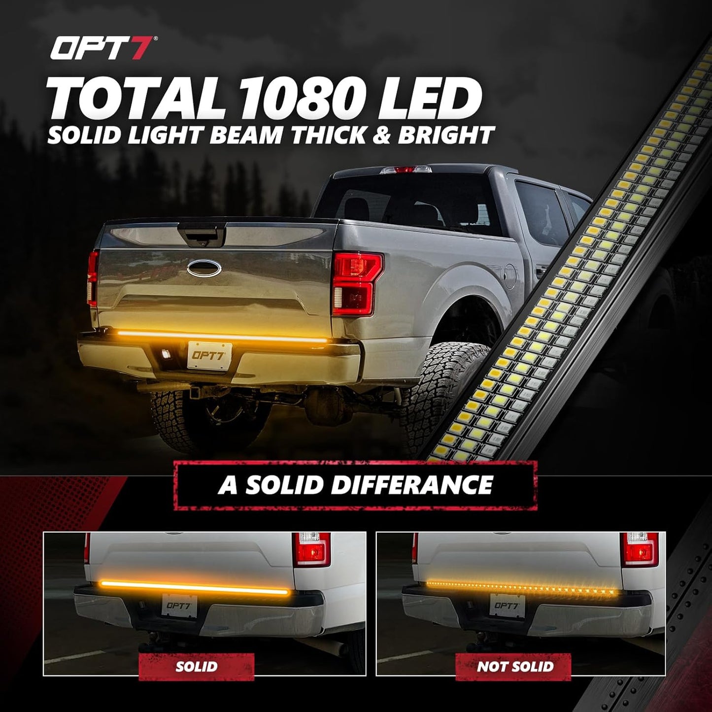 OPT7 60" Redline Triple Row LED Tailgate Light Bar w/Sequential Amber Turn Signal - Weatherproof Rigid Aluminum Frame Light Strip for F150 RAM Silverado Sierra - Full Functions Reverse Brake Running