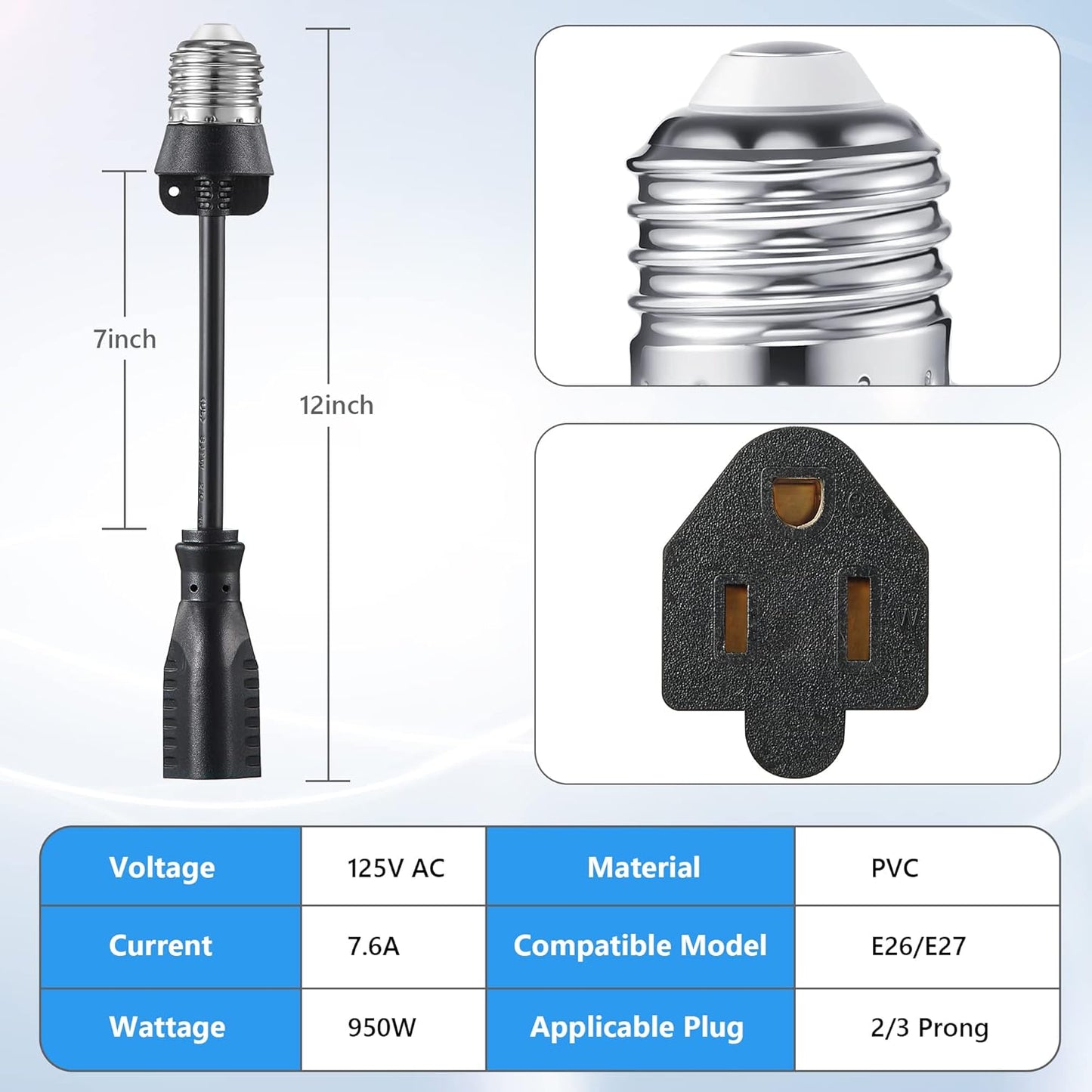 Feekoon 1 Pack 3 Outlet Light Socket Adapter, Convert E26/E27 Bulb Socket to 3 Prong Outlet with Extension Cord, Light Bulb Plug Adapter Converter Suitable for Outdoor Porch Garage Patio Use (Black)