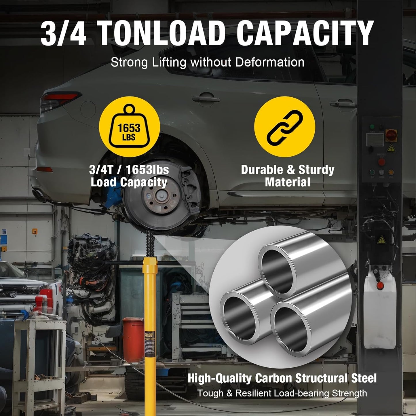 YELLOW JACKET Underhoist Support Stand 3/4 Ton Capacity Lifting from 52.8" to 76", 12 Inch Diameter Base, Bearing Mounted Spin Handle, Contoured Saddle Supports Vehicle Components, Self-Locking Screw