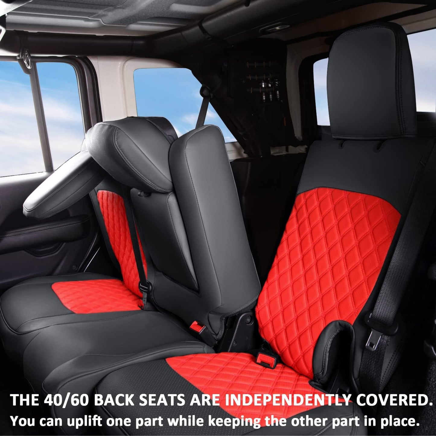 GIANT PANDA Fit Full Set Car Seat Covers for Jeep Wrangler 4 Door JL Sahara Altitude Rubicon 392 Unlimited 2018 2019 2020 2021 2022 2023 2024 2025 with Rear Cup Holder,Faux Leather - (Black+Red)