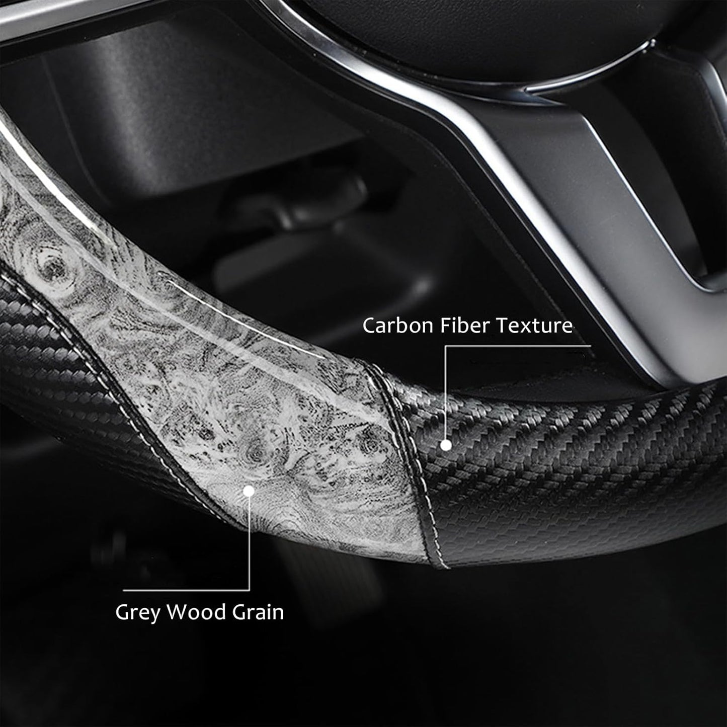 Wood Grain Steering Wheel Cover Carbon Car Steering Wheel Covers 14 1/2-15 inch with Coasters Microfiber Leather Splicing Breathable Anti-Slip Durable Universal Steering Wheel Protective - Gray