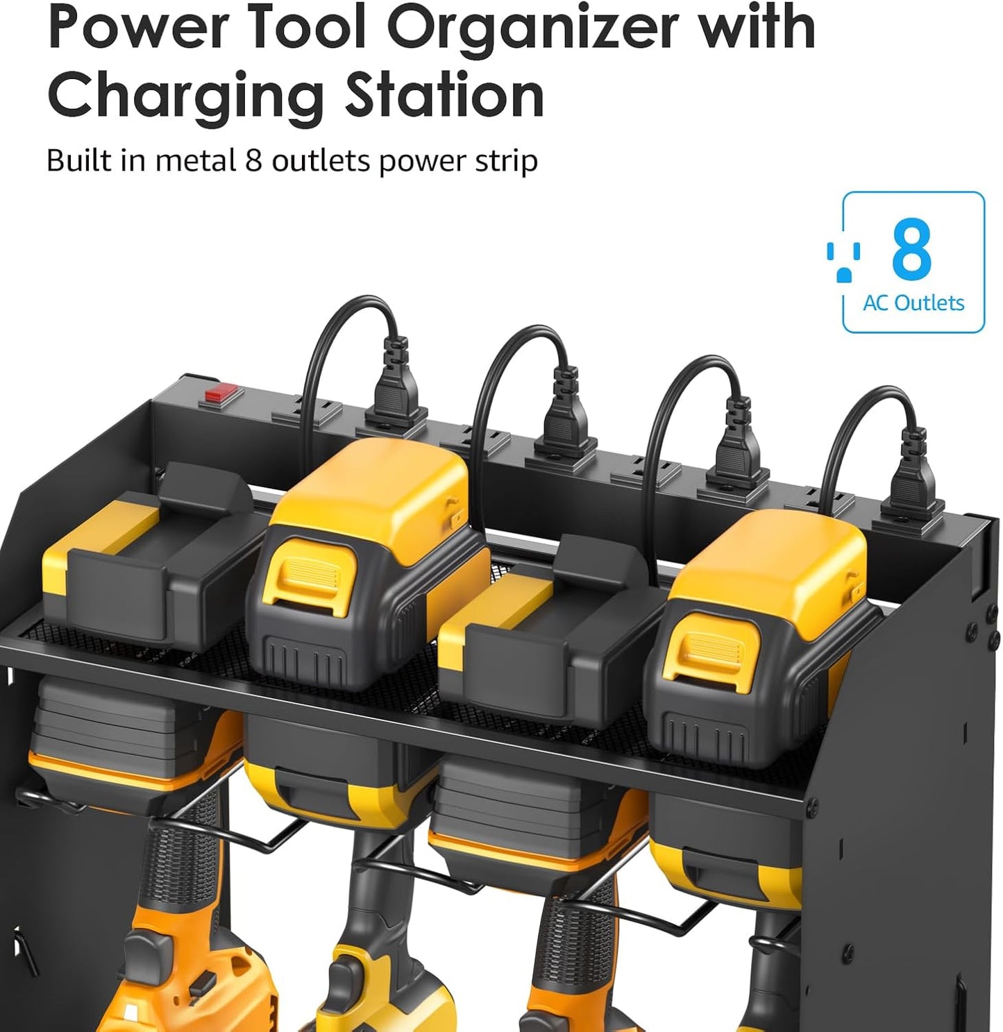 CCCEI Black Large Tools Organizer Wall Mount Charging Station, 39 Inch Long Power Tool Battery Storage Rack with 6FT Power Strip. 8 Drill Holder, Garage Utility Shelves. Pegboard Hanging Extension.