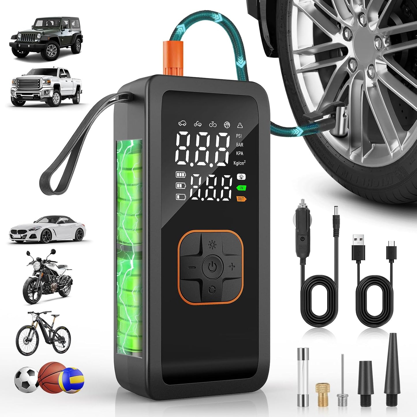 Tire Inflator Portable Air Compressor, 5X Faster Portable Air Pump for Car Tires, 150PSI Cordless Travel Air Pump with Digital Pressure Gauge for Cars, Bike & Motorcycle Tires, Ball