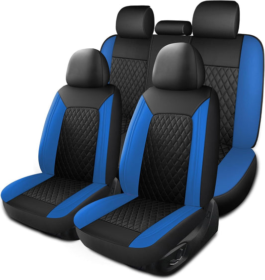 Blue Car Seat Covers,Breathable and Waterproof Seat Cover Full Set,PU Premium Universal Fit Automotive Airbag Compatible for Cars Sedans SUVs Vans and Trucks(Full Seat,Black+Blue,N1)