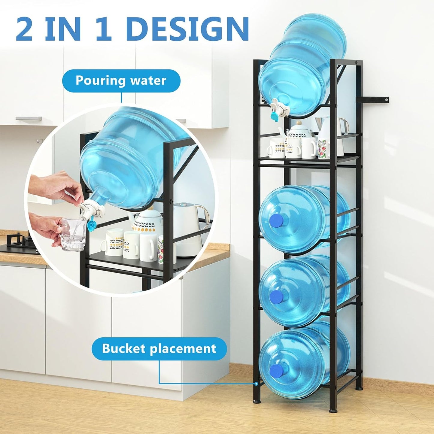 2-In-1 5 Gallon Water Jug Holder, 5 Tier Water Jug Stand Holder with 1 Dispenser Valves, 5 Gal Water Bottle Storage Rack Organizer for Kitchen, Office, Garage