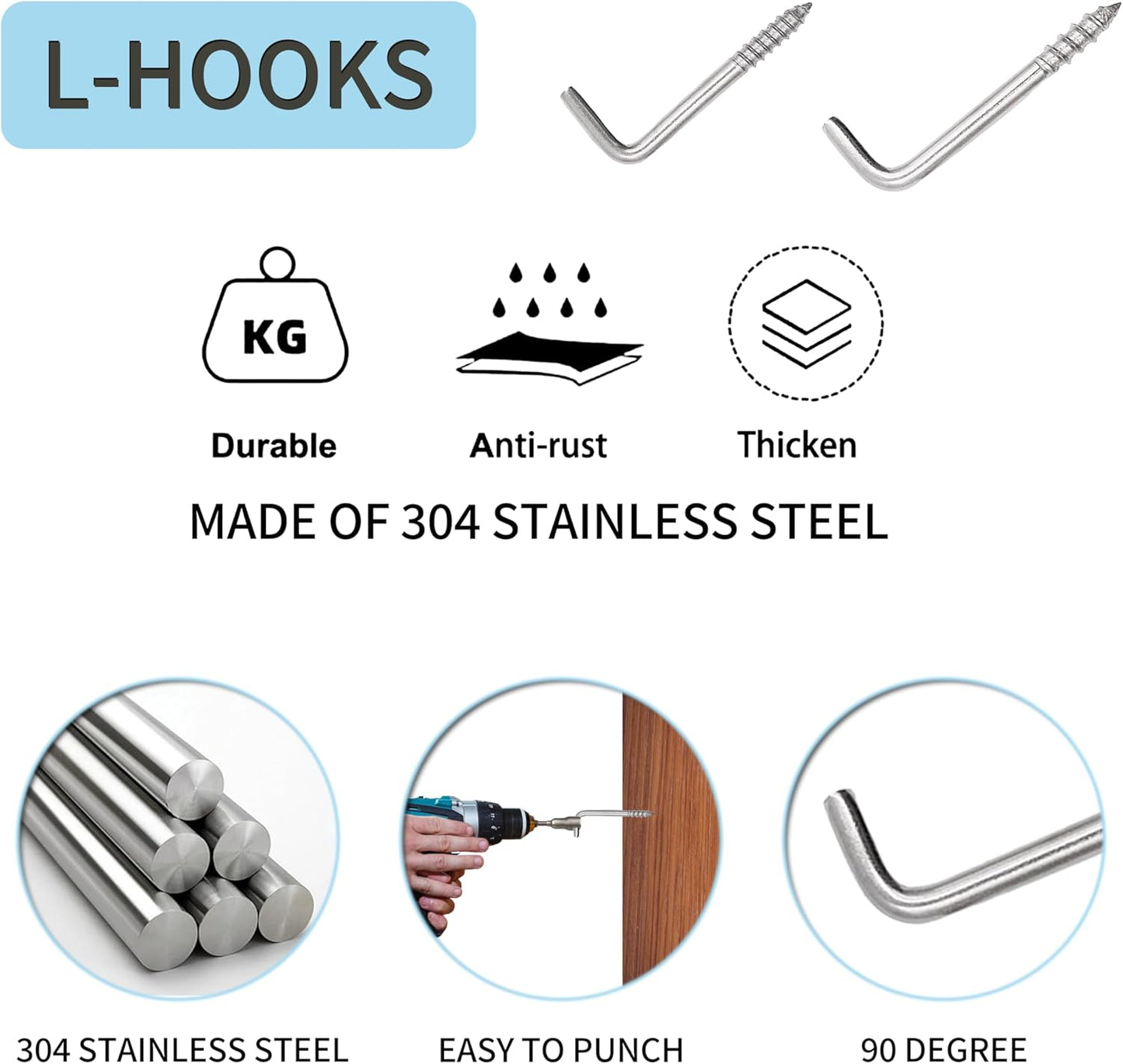 304 Stainless Steel 2-3/4 in Screw-in Hooks 20 Pcs,7 Shape Screw Hooks,Right Angle Medal Hooks l Shaped Screw in Hooks for Hanging