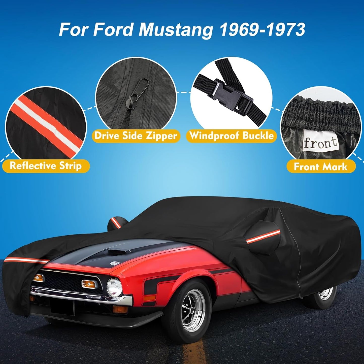 QUNSUNUS Waterproof Car Cover for Ford Mustang 1969-1973, Outdoor Car Covers with Zipper, All Weather Full Exterior Cover with Straps and Elastic Edges for Wind, Sun, UV and Dust Protection
