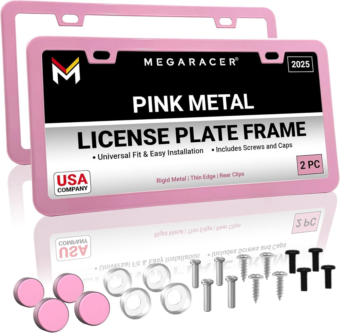 Premium Princess Pink License Plate Frames – 2 Pack, Rust-Free Stainless Steel, Street Legal, Rattle-Free, Universal Slim Design with Screw Covers, Durable Car Tag Holders for Women, Cute & Girly Gift