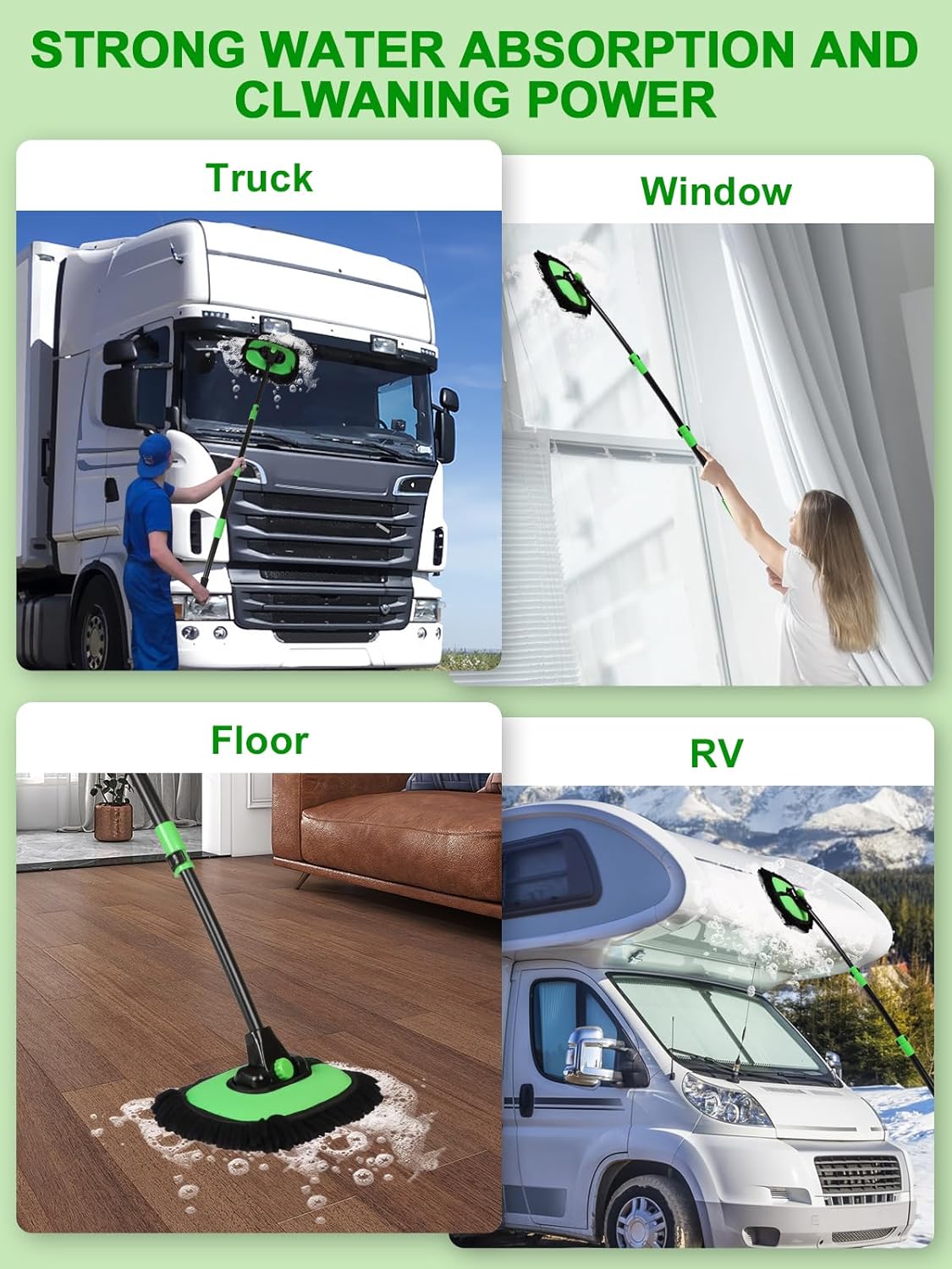 53" 15° Curved Car Wash Brush with Long Handle High Density Chenille Soft Bristle Brush Head Suitable for Cleaning Detail Roof Wheel Windshields Truck SUV RV Window