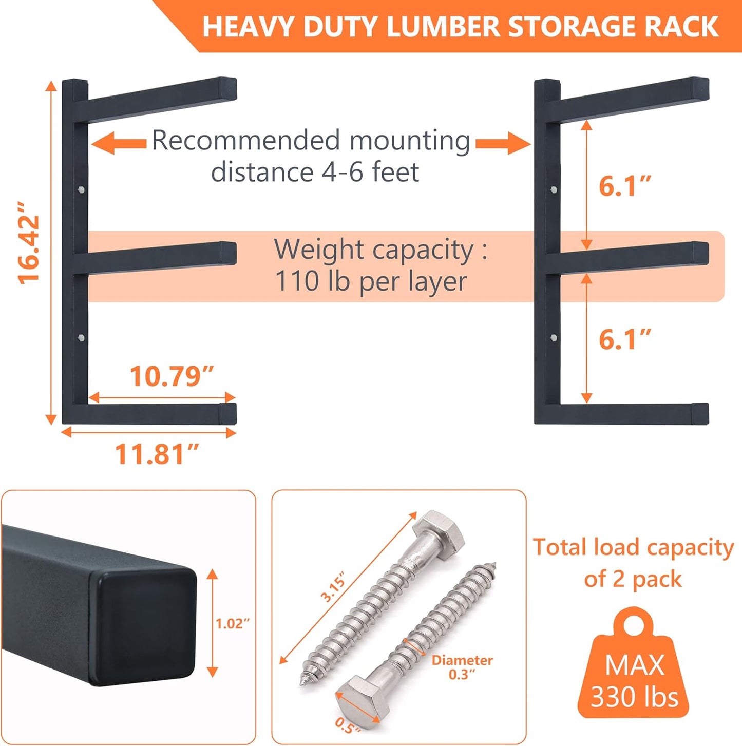 Wood Storage Racks with 3 Level, Garage Organizer Lumber Storage Rack Wall Mounted, Workshop Organizers Wood Wall Shelving, Lumber Metal Racks for Garage, Basement, Indoor and Outdoor (Black, 6 Pack)