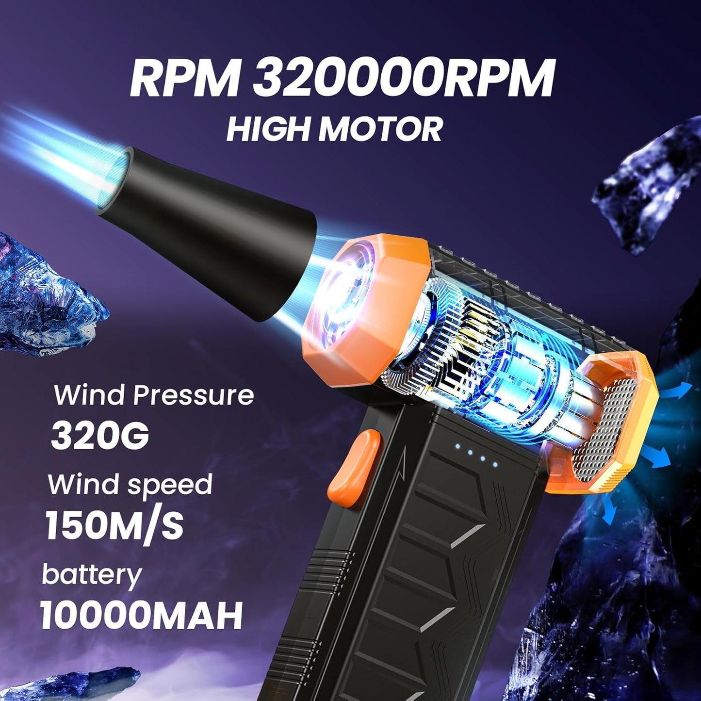 Electric Air Duster, 32,0000 RPM Compressed Air Duster & Blower, 7600mAh Rechargeable, 3-Speed LED Keyboard Cleaner for PC/Computer/Car, No Canned Air - Turbo Fan, Battery Powered