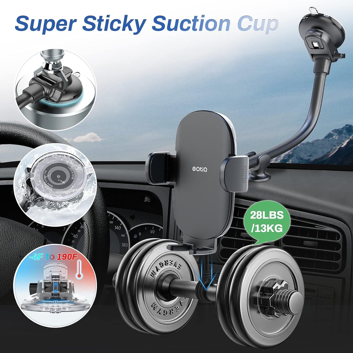 OQTIQ 13" Gooseneck Car Phone Mount – Windshield & Dashboard Holder with Strong Suction Cup, Anti-Shake Stabilizer, One-Button Release – Compatible with iPhone 16/15/14 and All Smartphones