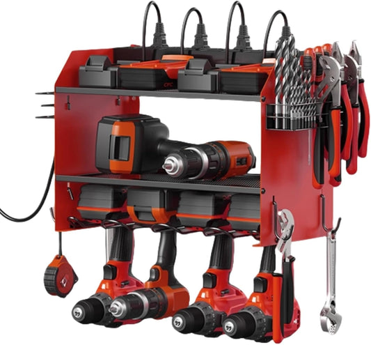 Power Tool Storage Rack, Garage Wall Mount Tool Rack, 4 Drill Bit Holders with Hooks, Screwdriver, Drill Bit Heavy Duty Holder, Tool Battery Holder, Built-in 8-Outlet Power Strip