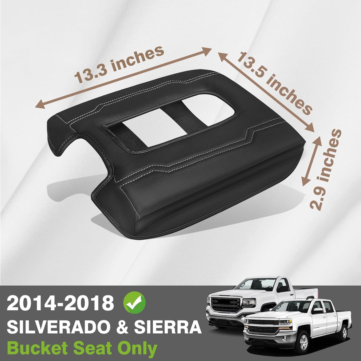 Muslogy Center Console Armrest Cover Compatible with Chevy Silverado & GMC Sierra 1500 2500 3500 2014-2018 Armrest Pad Arm Rest Cushion Vegan Leather Protector 1-Inch Extra Thick(Bucket Seat ONLY)