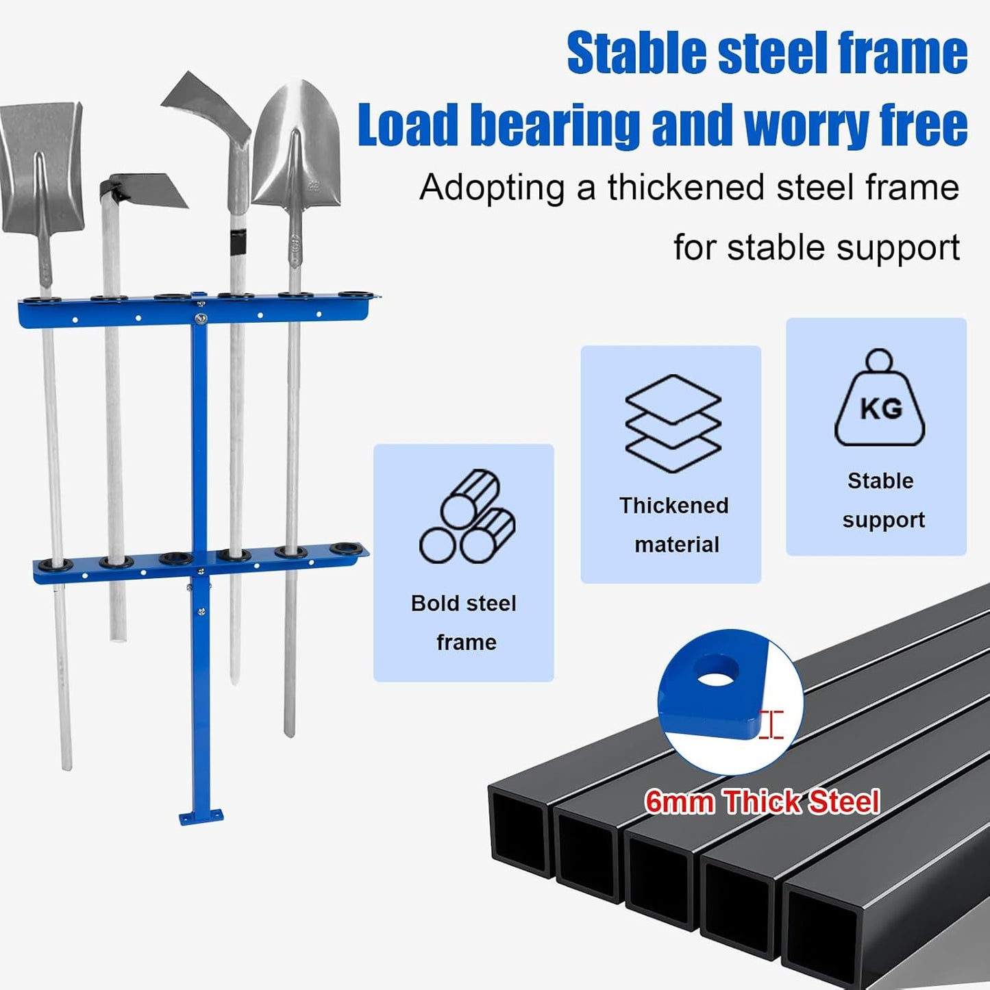 Vertical Hand Rack for Enclosed Landscaping Truck Trailer Garage or Shed Walls Holds 6 Tools for Shovels, Rakes, Hoes, Open Trailer Storage, 1 Pack (Blue)