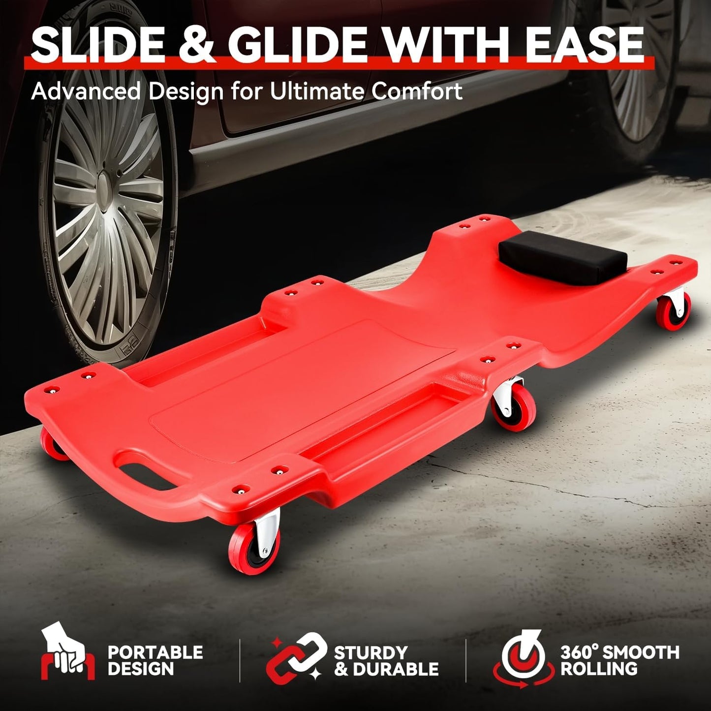 Auto Dynasty 36 Inches Mechanic Creeper, Automotive Garage Repair Low Profile Under Car Rolling Creeper with Padded Headrest, Plastic, Red