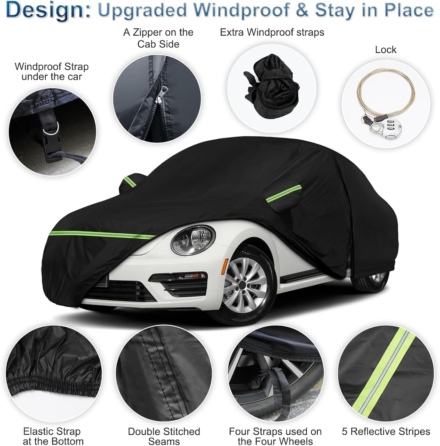 for New Beetle Car Cover Waterproof All Weather Heavy Duty Protection Outdoor Light Shell Full Car Covers Windproof with Driver Side Zipper Compatible with 1998-2025 Volkswagen New Beetle(Up to 194")