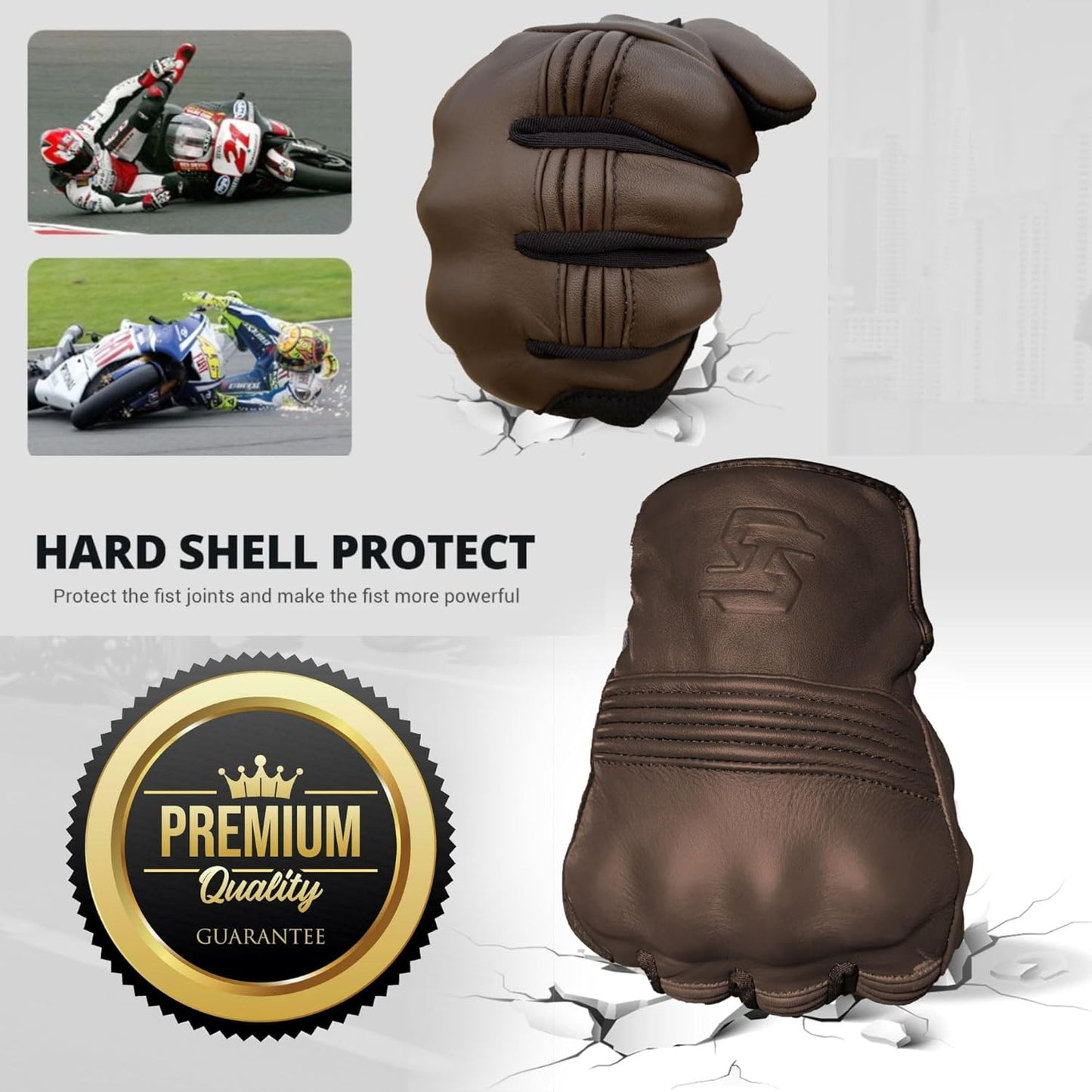 Leather Motorcycle Gloves for Men and Women | Touchscreen | Full Finger | Goatskin Leather Hard Knuckle Motorcycle Riding Gloves (Classic Brown, Small)