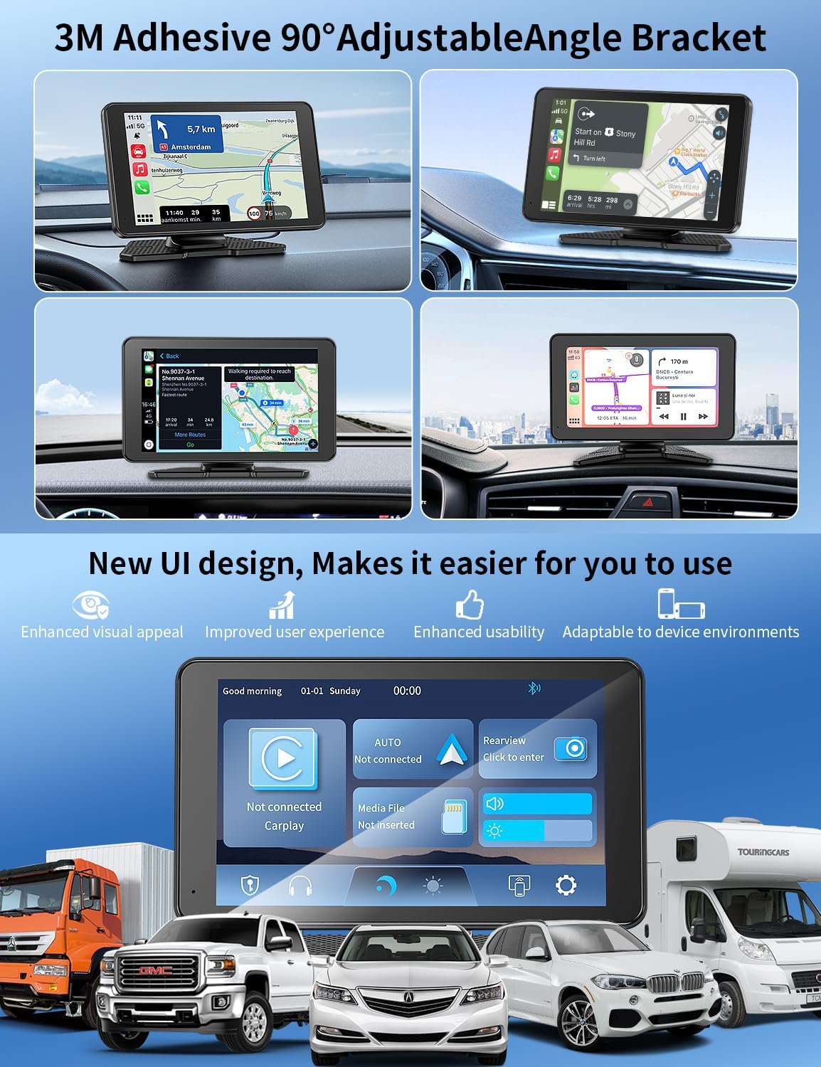 Apple Carplay Screen for Car, 7" HD Portable Car Stereo Touch Screen with Wireless Android Auto, Backup Camera with LED/Mirror Link/Voice Control/Bluetooth/GPS/AUX/FM Satellite Radio for All Vehicles