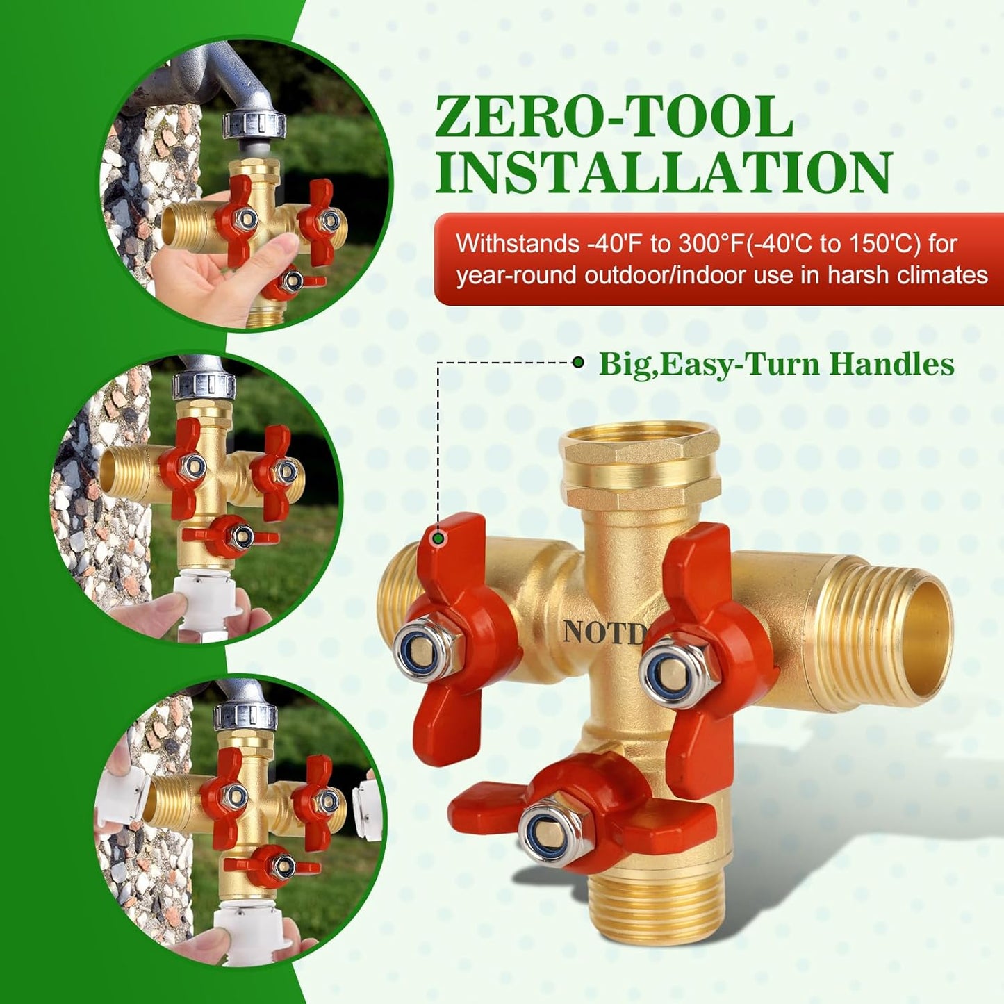 3 Way Hose Splitter, Solid Brass High Volume 3 Way Hose Splitter Valve with Metal Handle, Heavy Duty High Flow Spigot Splitter with Shut off Valve, 3/4 Inch Garden Tap Splitter