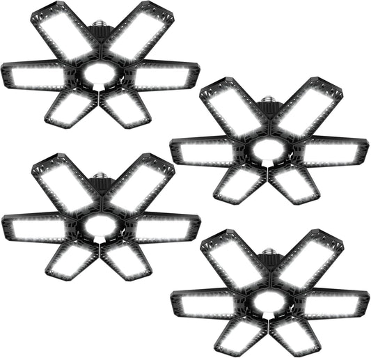 ISKYDRAW Garage Lights - 4 Pack 200W Garage Lights Bulb Bright 20000LM 6500K Garage Light Ceiling LED with 6 Deformable Panels, E26 E27 Socket Screw in Shop Lighting for Basement Barn Attic