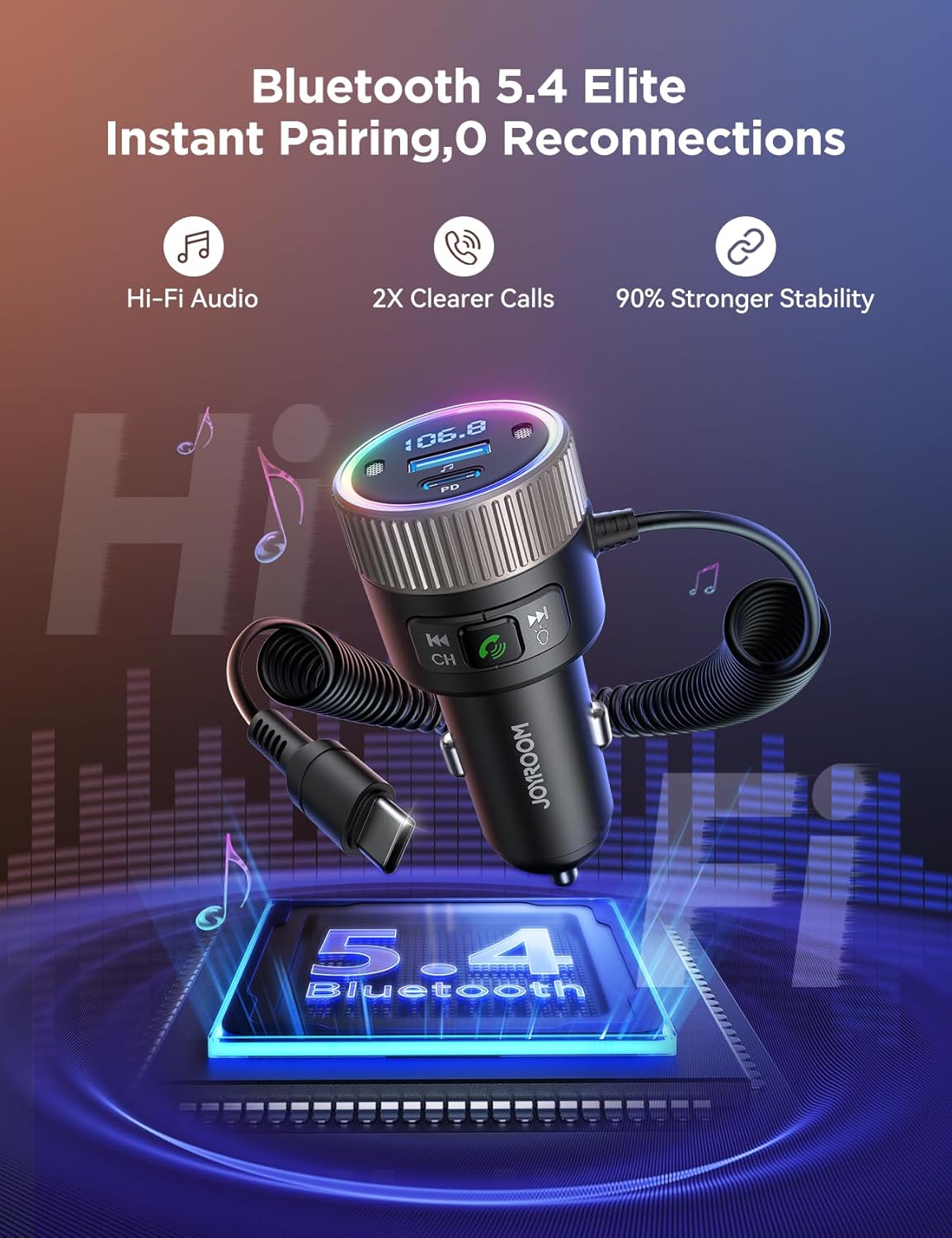 JOYROOM Bluetooth 5.4 FM Transmitter for Car, [60W PD 3.0] Bluetooth Car Adapter Fast Charging with USB C Cable, Cigarette Lighter Radio Music Adapter, Hands-Free Calling, Light Control, USB Drive