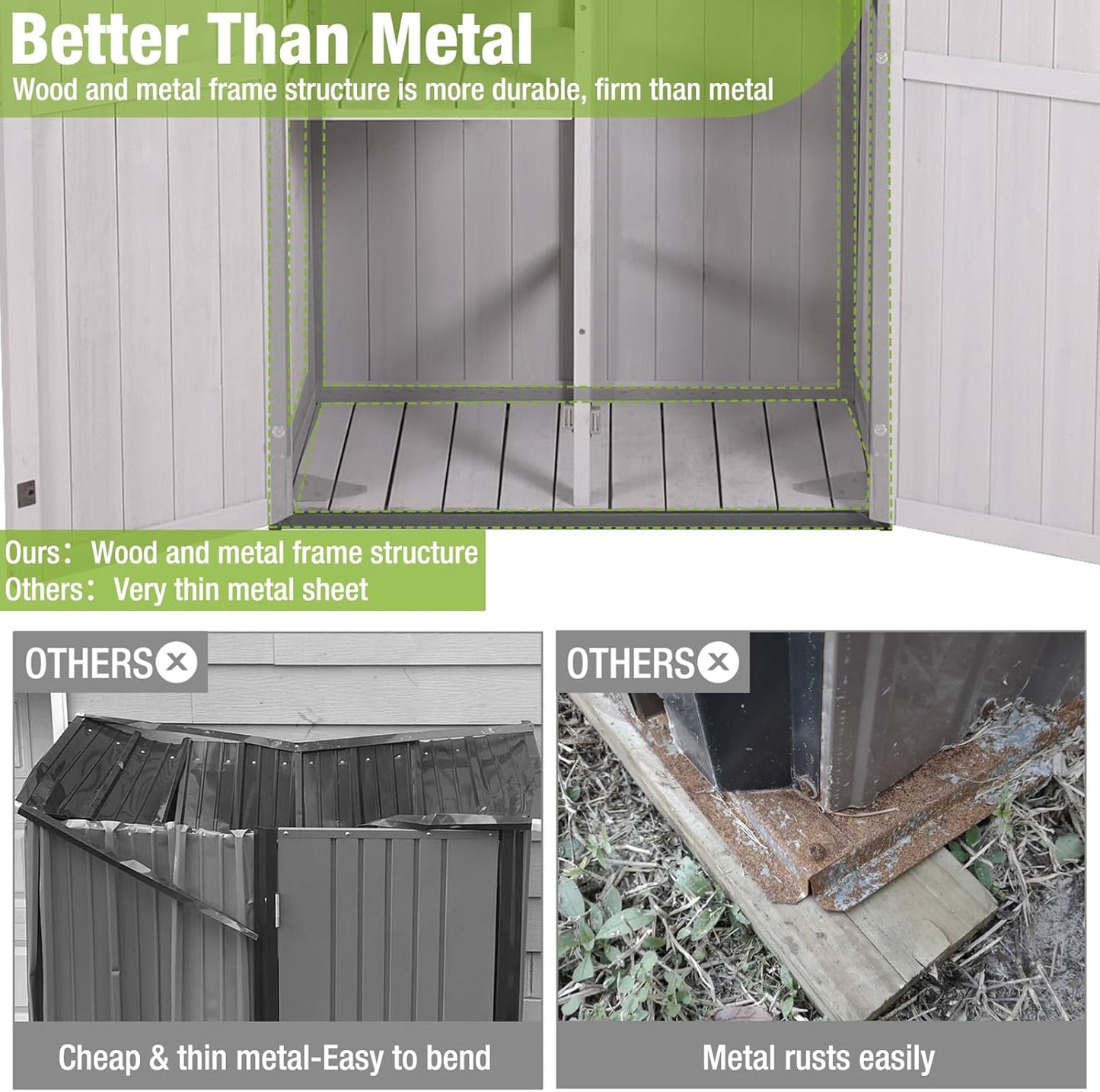 GUTINNEEN Sheds Outdoor Storage Wooden Garden Tool Shed with Metal Frame Sloped Roof and Adjustable 3 Tiers Shelves Outdoor Storage Cabinet for Backyard Garden Patio Lawn 67.1"(Off White)